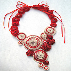 red and beige crochet necklace