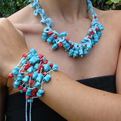 coral and turquoise crochet necklace and bracelet