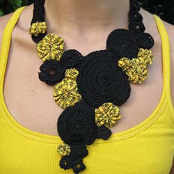 yellow black plaid quilt stitch and crochet necklace